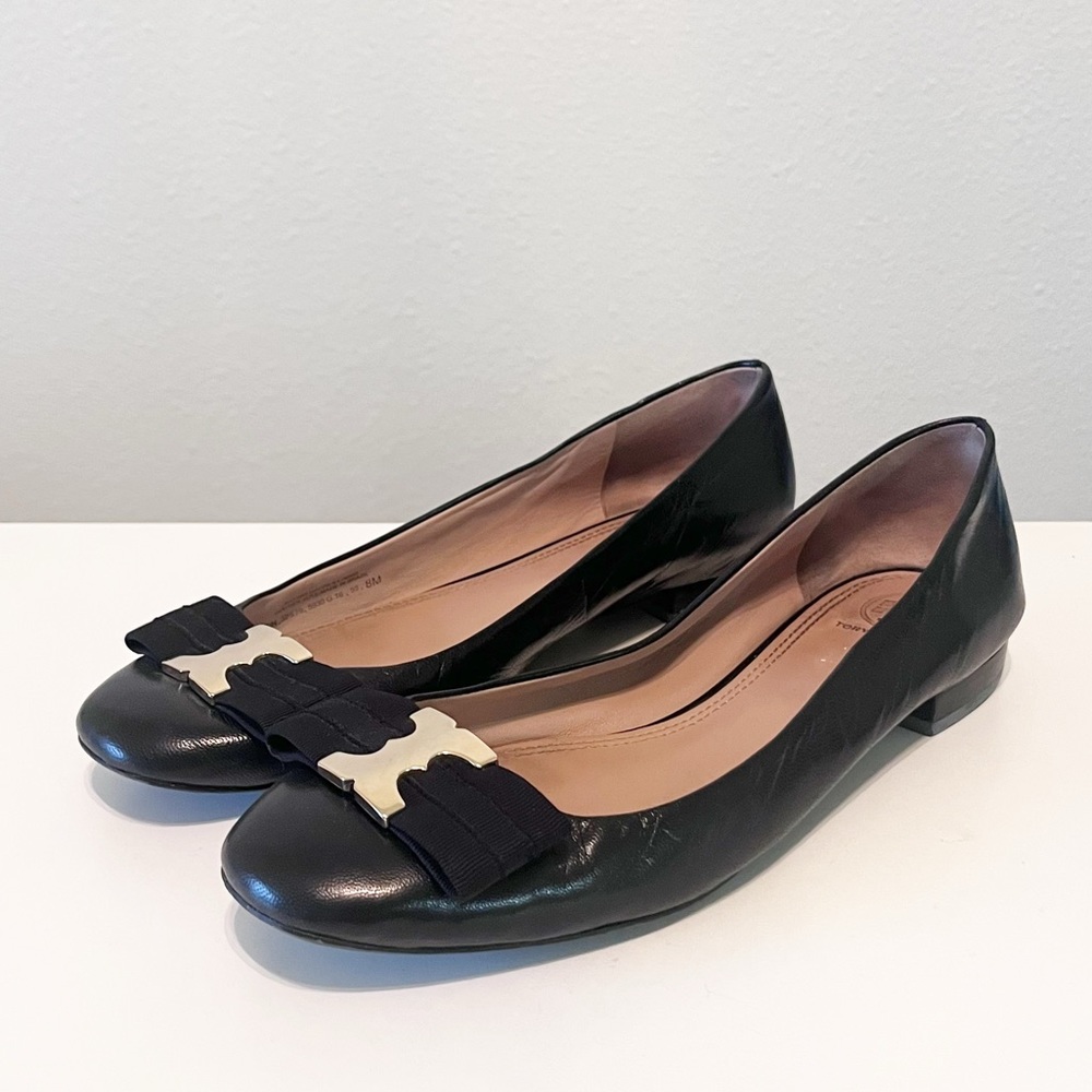 Tory Burch Gemini Link Bow Black Leather Ballet Flats Size 8